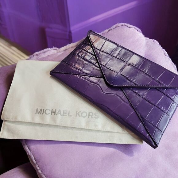 MICHAEL KORS Croc Embossed Envelope Clutch in Plum Color - Picture 1 of 11